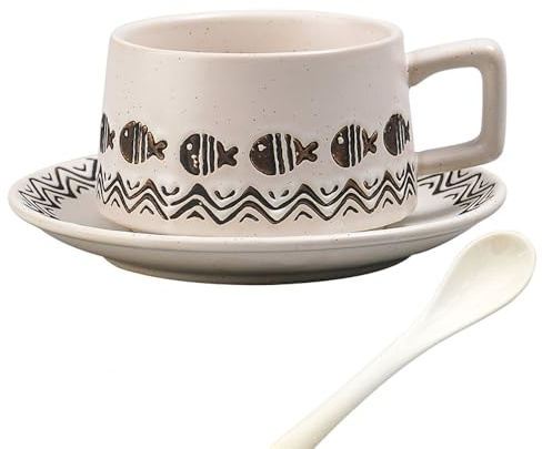 Gosyfeti Ceramic Coffee Cup and Saucer Set, Cute Porcelain Mug and Coaster for Latte Art Milk Cappuccino Espresso Americano, Tea Cup with Tray, 8.8 oz / 260ml