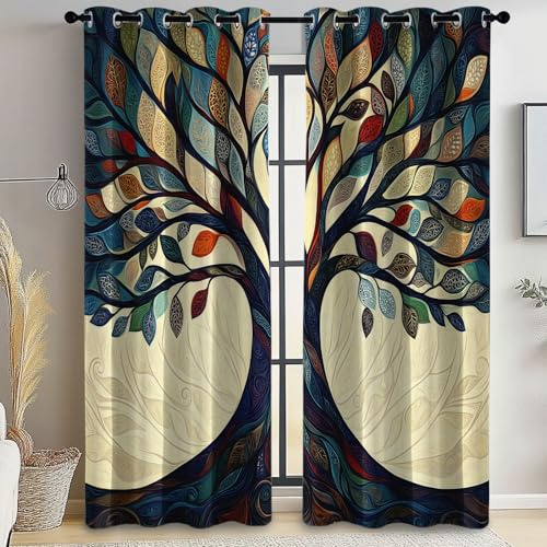 Vorhang Jugendstil-Lebensbaum Druck Verdunkelungsvorhänge mit Aufdruck Blaugrau Gardinen mit Ösen, Vorhang Blickdicht Deko Wohnzimmer Schlafzimmer H 245 x B 100 cm (2er Pack)