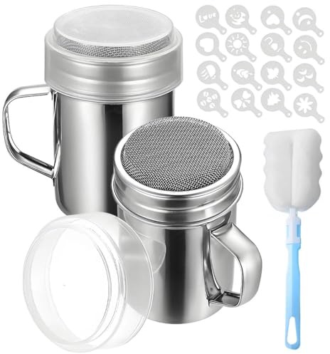 2 Pcs Stainless Steel Flour & Sugar Shaker, Fine Mesh Duster with 16 Stencils