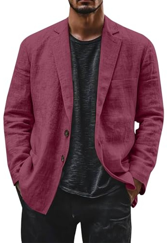 Blazer, giacca sportiva da uomo, in lino, leggera, traspirante, per il tempo libero, cardigan alla moda, con bottoni, top casual, senza cappuccio, Rosa acceso., XL