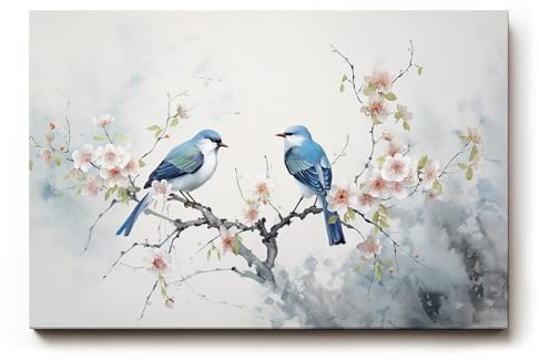 Sinus Art Wandbild 60x40cm Detailreiches Naturmotiv mit zwei blauen Vögeln auf blühendem Ast – filigran und stimmungsvoll gestaltet