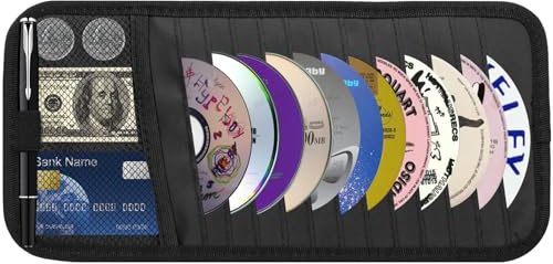 Car CD & DVD Holder - Large Capacity CD Visor Case, Vehicle Visor Storage Organizer with 12 Disc Sleeves, 1 Mesh Pocket 1 Pen Holder and & Elastic Band (Black)