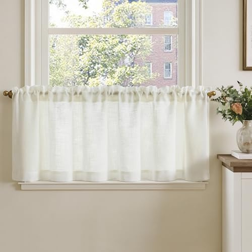 TOPICK Bistrogardine für Wohnzimmer 1er Set H40xB140 cm Scheibengardinen Leinenoptik Küche Kleine Fenster Lichtdurchlässig Küchenvorhänge Kurz Gardinen Moderne Landhaus Tunnelzug Craem Weiß