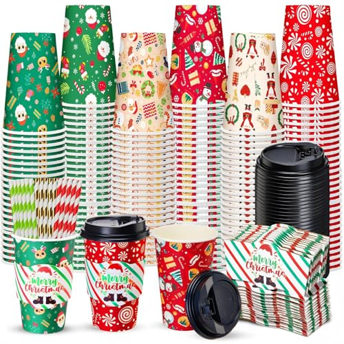 Jingmore 120 Sets 16oz Christmas Paper Coffee Cups with Sleeves, Lids and Straws Disposable Christmas Themed Juice Tea Drinking Cups Bulk for Holiday Birthday Party Wedding Baby Shower Supplies
