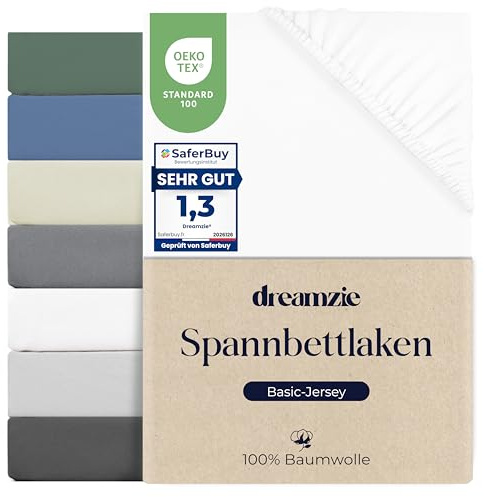 Dreamzie Spannbettlaken 200x200 cm, 100% Baumwolle Jersey dehnbar, Spannbetttuch Bettlaken, Steghöhe 30 cm für Matratzen bis 27 cm, Oeko-Tex Zertifiziert, Hypoallergen, Weiß