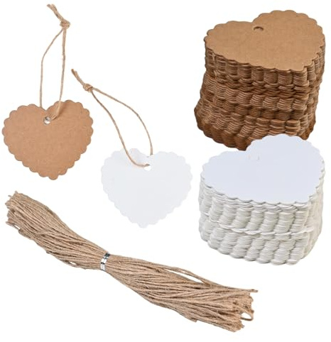200 Stück Geschenkanhänger Herzform aus Kraftpapier, Mit 200 Hanfschnur, Geschenkanhänger zum Beschriften, Etiketten und Schilder zum Beschriften für Hochzeit, Valentinstag, Basteln