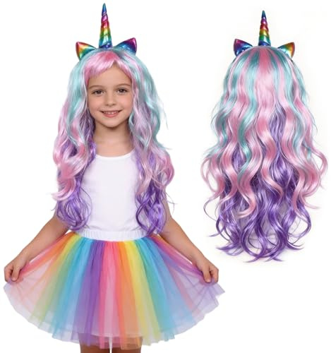 Einhorn Perücke Damen mit Ohren und Horn, Perücke Damen Karneval, Perücken Bunt Lang Lockige, Perücken Fasching, Einhorn Haarreif Kostüm Erwachsene für Halloween Karneval Mottoparty (Farbe 2)
