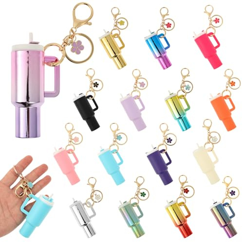YUEKUNTJ 16Pack Cute Mini Cup Keychain, Colorful Tumbler Lip Balm Holder, Keychain Bulk Assorted Color, Cup Keychains Charms Lip Balm Holder, Keying Cups Charm Purse, with Lid for Women