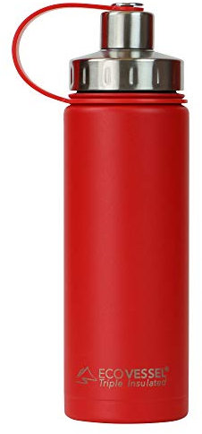 Ecovessel 's Boulder Tri Max Botella de agua de acero inoxidable con aislamiento al vacío, rojo, 600 ml