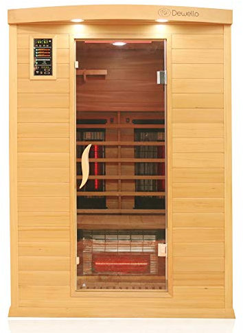 Dewello® Infrarotkabine Infrarotsauna Pierson PRO 135x105 für 1-2 Personen aus Hemlock und Zedern Holz mit Duo Vollspektrumstrahler, Bodenstrahler, LED-Farblicht, Bluetooth, FM,MP3,USB