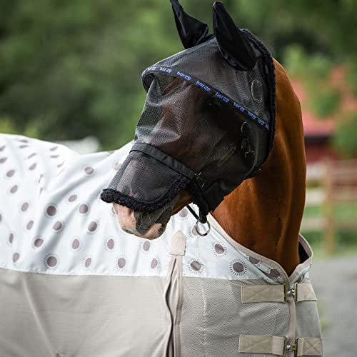 Horze Pferde Fliegenmaske, ausgestellte Fliegenhaube mit Ohren und Nüsternschutz, Schwarz, L