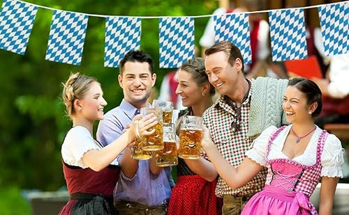 Wimpelkette Oktoberfest – 60 m – 120 Flaggen – Kunststoff Allwetter bayerische Wimpelkette Dekoration für drinnen und draußen – Straßenfeste, Festivals und Feiern