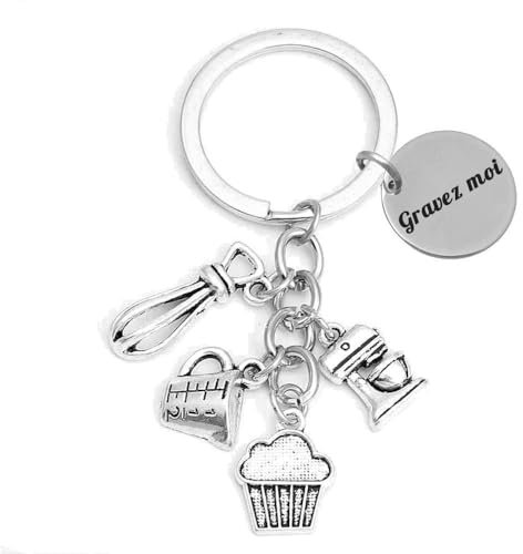 Porte-clés Thème Pâtisserie Robot Fouet Verre Doseur Gâteau Argenté Gravure Personnalisée sur Médaille