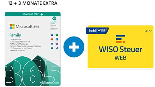 Microsoft M365 Family │ 6 Benutzers │ 15 Monate │ Aktivierungscode per Email + WISO Steuer-Web 2022 PC (für Steuerjahr 2021)