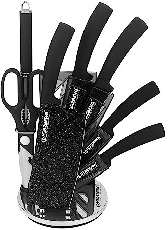 Herzberg Set Couteau Cuisine Professionnel - Couteaux Tranchant en Acier Inoxydable - Support en Acrylique - Poignée ergonomique - Set de couteaux avec support 8 pièces - Noir HGMSN8-BLM