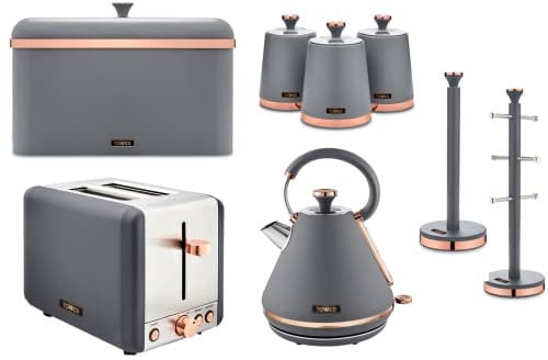 TOWER Cavaletto Grey & Rose Gold 3KW 1.7L Pyramid Kettle, 2 Slice 850W Toaster, Bread Bin, Set of 3 Tea, Coffee, Sugar Canisters, Mug Tree & Towel Pole. Matching Kitchen Set of 7 Items