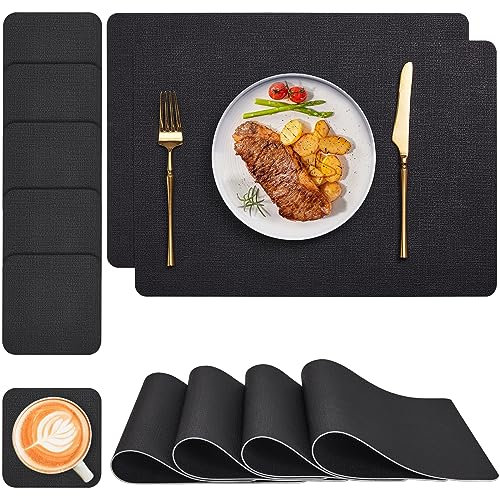 Myir JUN Tischsets Abwaschbar und Untersetzer 6er Set, Leder Platzsets Abwaschbar Kunstleder Schmutzabweisend & rutschfest, Platzdeckchen Abwischbar mit Lederoptik für Esszimmer