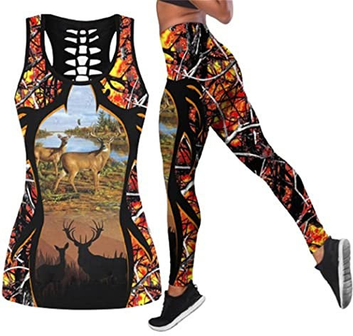 Hunt Deer 3D Printed Hollow Tanktop und Leggings Set Frauen Sexy Weste Mädchen Tanktops Fitness Yoga Gym Set, Tanktops und Leggings, 46