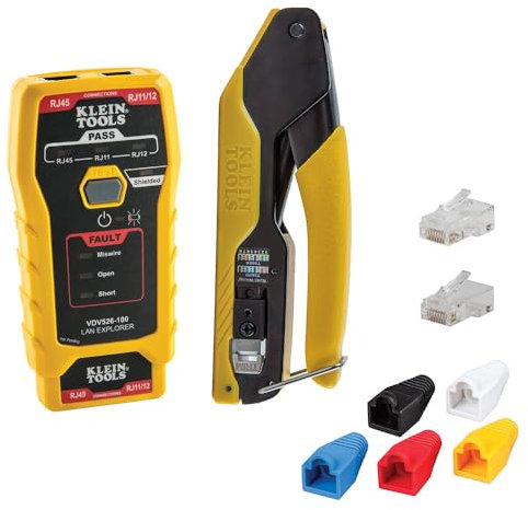 Klein Tools 80093 Kabeltester, VDV LAN Kit mit LAN-Tester, Pass Thru Crimper, CAT6/CAT5e Steckern und Zugentlastungsmanschetten, 5-teilig