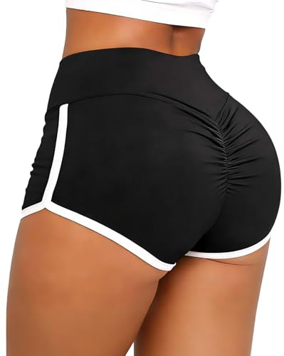 TZLDN Women's High Waist Ruched Butt Lifting Booty Shorts for Workout Gym Yoga Cycling Black Hot Pants - Size: S (28), M (30), L (32), XL (34), XXL (36)