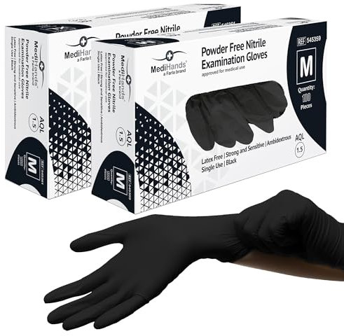 Farla Medical MediHands Disposable Medium Nitrile Gloves - Powder Free and Latex Free Surgical Gloves - Multi-Purpose, Single Use Medical Gloves - Box of 200, Black
