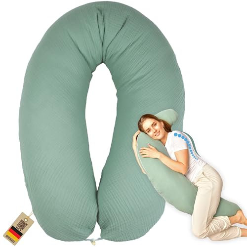 sei Design Stillkissen Mikroperlen XXL Lagerungskissen Schwangerschaftskissen Seitenschläferkissen 190x30 cm groß (Bezug Musselin Mint, Füllung EPS Mikroperlen)