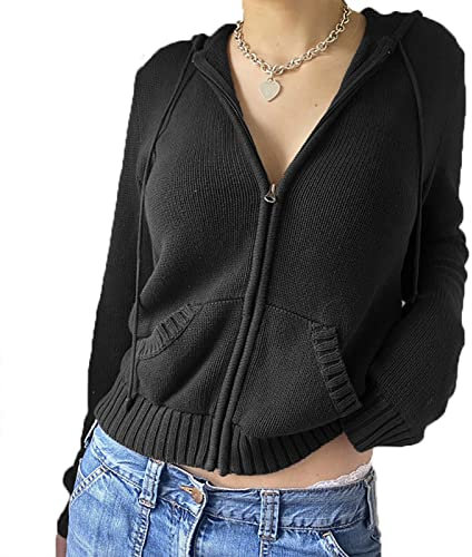 Women Zip Up Rib Knit Cardigan Hoodie Long Sleeve Open Front Cropped Sweater Tops Slim Fit 90S Vintage Jacket Outwear (Black#1, L)