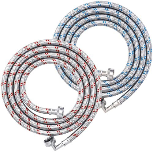 TICONN 2 Pack Washing Machine Hoses Set, EPDM Core Braided Stainless Steel Burst-Proof Washer Hoses with 90 Degree Elbow, 3/4 FHT Standard Thread (4ft)