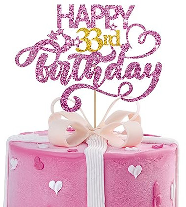 Pink Glitter Happy 33rd Birthday Cake Topper, Thirty Three Years Old Birthday Party Cake Decor, Gold Number 33 Birthday Party Supplies Decorations for Men or Women