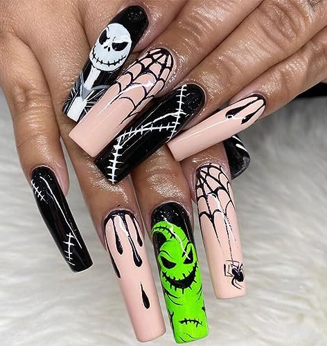 24PCS Long False Nails with Glue Stickers, Coffin Full Cover Acrylic Nails Press on Nails no Glue, Yellow Green Skeleton Halloween French Fake Nails Stick on Nails for Women and Girls Nail Art