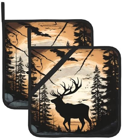 Wild Elch Black Silhouette bedruckte quadratische Topflappen-Set, hitzebeständig, wasserdicht und langlebig, 2er-Pack