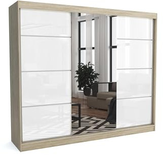 Brent - Kleiderschrank mit Spiegel Suzan, 250cm Breit, Schlafzimmerschrank mit 1 Kleiderstange und Einlegeböden für Kleidung, Kleiderschrank Sonoma Eiche/Weiß Hochglanz