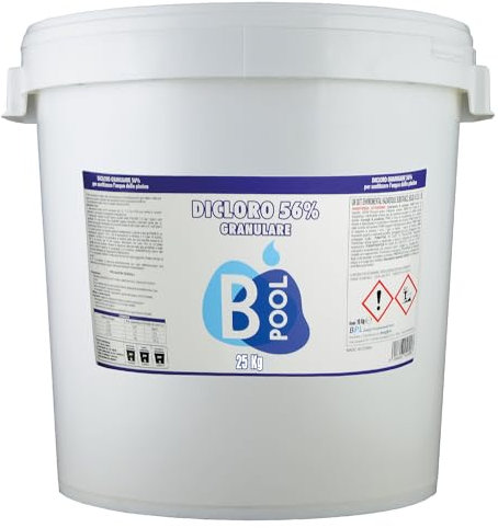 B POOL Dicloro 56% Diidrato Granulare. Cloro per Piscina Granulare ideale per sanitizzare l'acqua della tua piscina. Prodotto a scioglimento rapido con impatto minimo sul pH. Formato da 25 Kg
