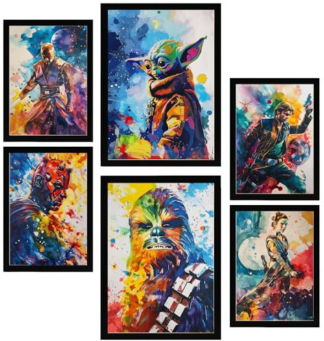Nacnic 6er-Set Bunte Starwars Gerahmtes Poster mit Design-Illustrationen zur Dekoration der Wände Ihres Zuhause Zimmer Büro Laden Malerei im A3 & A4 Schwarzer Rahmen