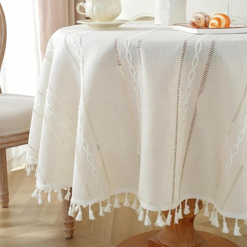 meioro Böhmische Runde Tischdecke für Küche Dekoration, 100cm Makramee Tischtuch mit Quasten, Kreis Leinen Tischwäsche, Gestreifte Tafeldecke Mesh Tischdecken für Esstisch Tabletop (Elfenbein Weiß)