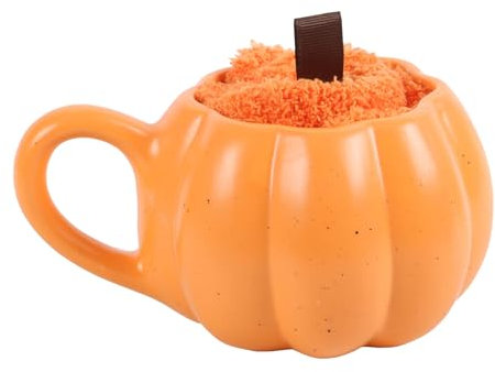 Cozy Pumpkin Patch Mug & Socks Set: Seasonal Pumpkin Spice Gift Bundle - Snuggle-Worthy Pumpkin Mug with Fluffy Orange Socks and Brown Ribbon Stems - Spice Up Your Mug Collection!