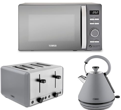 Tower Sera 1.7L 3KW Pyramid Kettle, 4 Slice Toaster & T24039GRY Renaissance 20L 800W Microwave. Contemporary Design Kettle, Toaster & Microwave Set in Grey