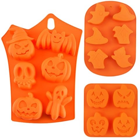 YXHZVON 3 Piezas Molde Silicona Halloween Chocolates, Moldes para Mini Gominola para un total de 16 Cavidades, Moldes de Silicona para Caramelos, para Galletas, Pudines, Cubitos de Hielo (Naranja)