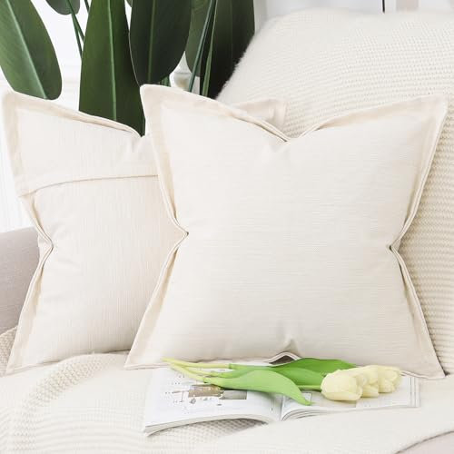 Madizz 2er Set Polyester Leinen Kissenbezügen mit breiter Kante Weiche dekorative Kissenbezüge für Sofa Schlafzimmer Kissenhülle Elfenbein 40x40 cm Quadrat