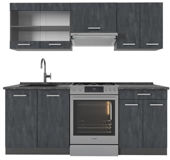 Vicco Küchenzeile R-Line, Küchenblock, Schwarz Beton/Anthrazit, 200 cm AP Anthrazit