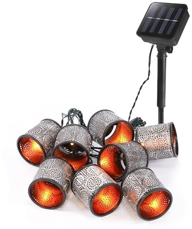 Esotec Solar Lichterkette Outdoor Gartenbeleuchtung Solarkette Marokko 1028 | Solar Lichterkette Outdoor 8 LED-Laternen, warmweiß 2500K, 8Std, Leuchtlänge 2m, Gesamtlänge 4m, Akku wechselbar, silber/gold