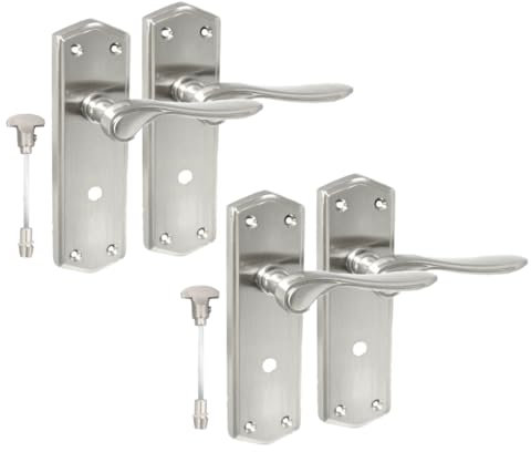 Satin Nickel Internal Door Bathroom Handles with Long Back Plate - Stellar Design,Superior Grip, Adjustable Spindle, and Seamless Finish (2 Pair of Handles)