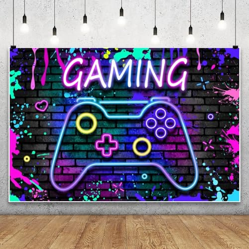 Renaiss 6x4ft Video Gaming Photo Backdrop Neon Graffiti Brick Wall Photography Background Video Game Boys Birthday Party Decoration Vinyl Photo Booth Props