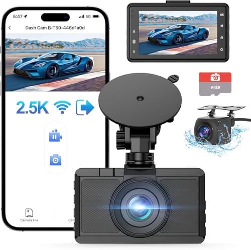 Topabol Dashcam Auto Vorne Hinten 2.5K+1080P, WiFi Dash cam Free 64GB SD, 170°Wide Angle, Dash cam pkw G-Sensor, Car Camera APP Control, WDR Night Vision, Dasch-cam Auto kabellos, Support 256GB Max