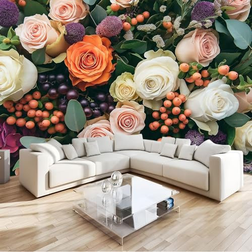 Vlies Fototapete Rosen Blumenstrauß Beeren Vliestapete Wohnzimmer Schlafzimmer 400x280 cm Vlies Tapete Art Wandtapete UV-Beständig Wanddekoration Tapete