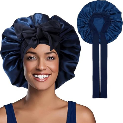 Barlone Seidenhaube zum Schlafen Lange Haare, Bonnet Seide, Silk Bonnet Weiche und Bequeme, Hair Bonnet, Schlafhaube Seide für Verstellbares Breites Band zur Befestigung am Kopf(Marineblau)