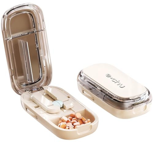 KUKUPOW Beige Cortador de Pastillas, 1/2 Corta Pastillas con Compartimento de Almacenamiento para Píldoras Múltiples para Dividir y Transportar Medicamentos Diarios para Mascotas y Viajes