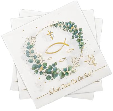Scinzene Servietten Kommunion - 40 Stück 3-lagige Papierservietten mit Eukalyptusdesign, Schön Dass Du Da Bist, Ideal für Taufe, Kommunion und Konfirmation, 33x33 cm