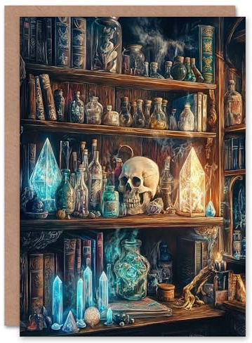 Artery8 Greeting Card Alchemist Bookshelf Skull Magic Crystals Potions Blank For Him Or Her Art Birthday Card