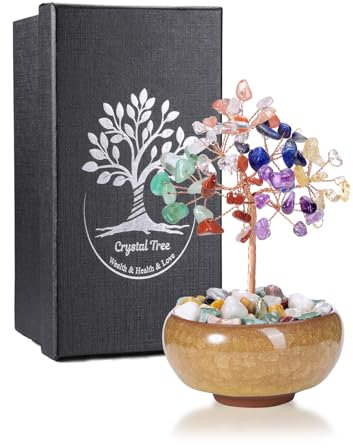JSDDE Bonsai Arbre de Vie en Pierres Naturelles Décoration Intérieure Feng Shui Arbre de Cristal Porte Chance avec Bol en Céramique Pierres et Cristaux Reiki Guérison Porte Bonheur 12-13cm (7 Chakras)